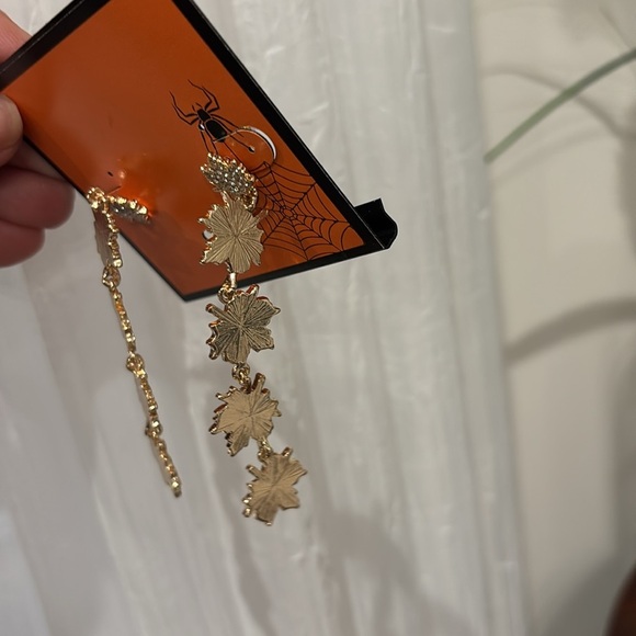 FALL LEAF Drop Post Earrings,gold tone with letters F A L L on each leaf,Autumn - Picture 3 of 3